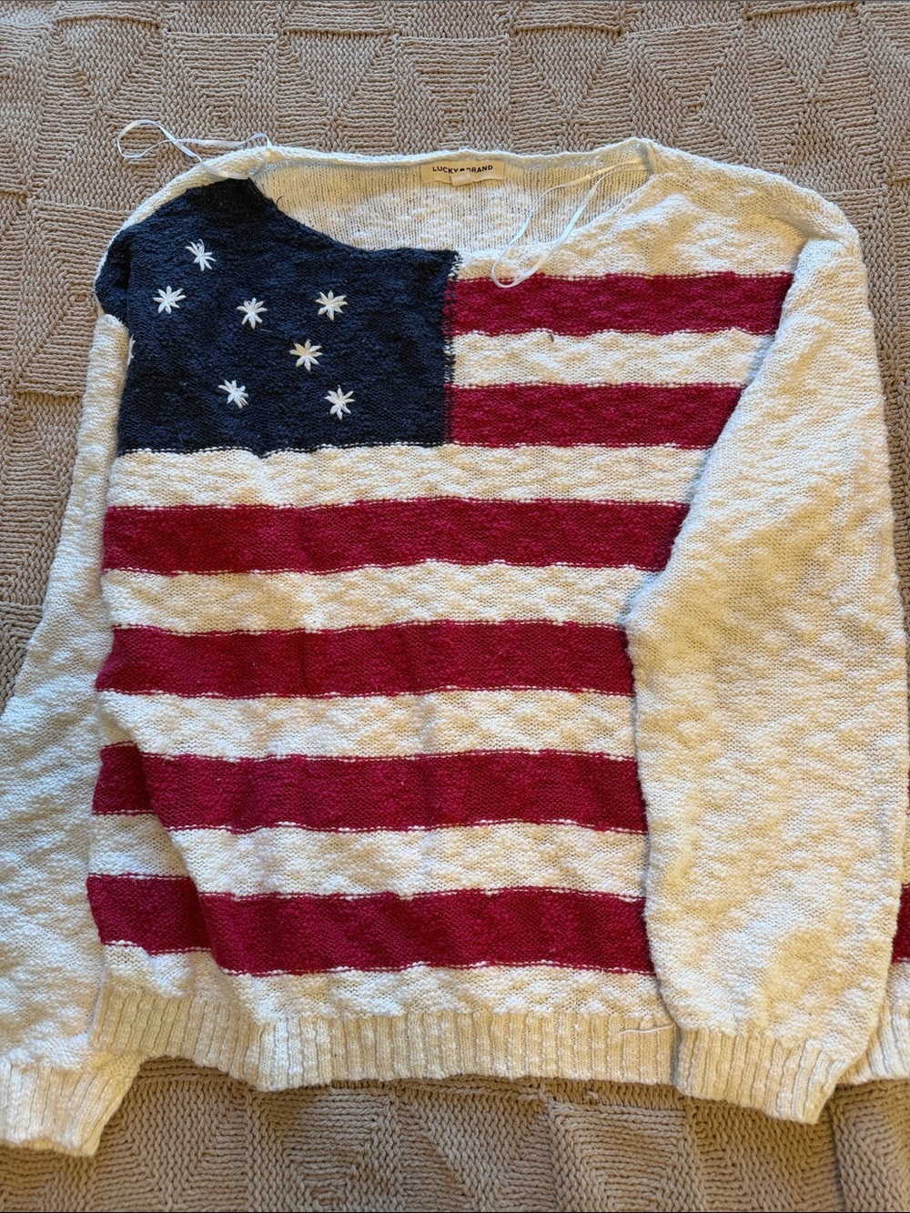Lucky Brand Cream Crewneck Sweater with Red & Blue Flag Motif